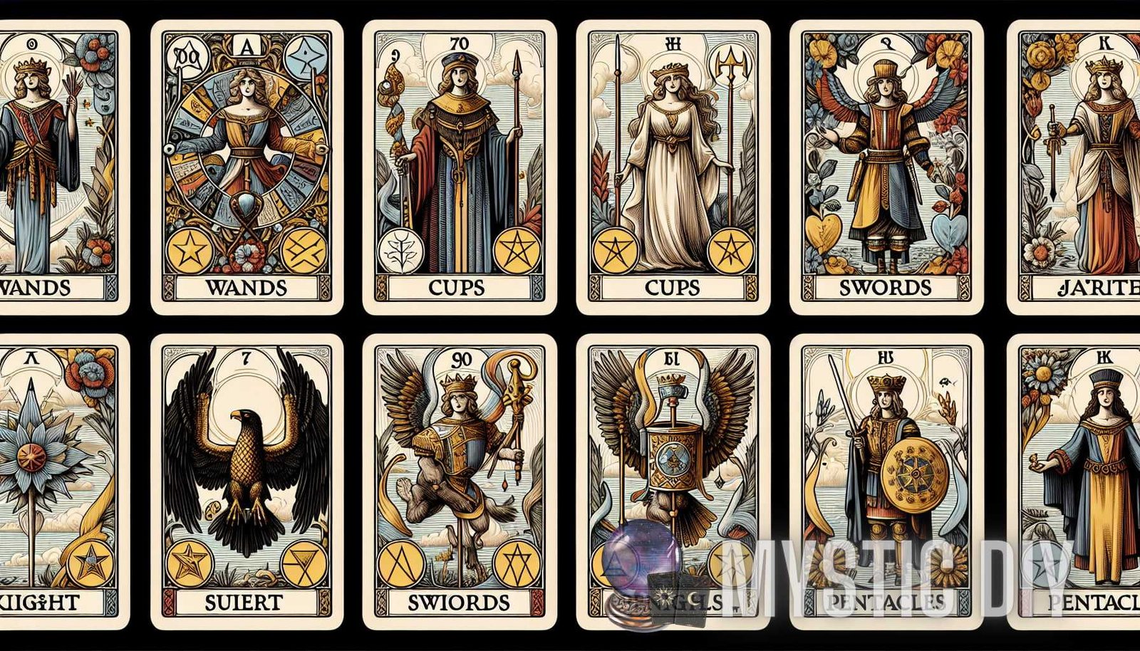 Ilustración para la sección: Los Arcanos Menores Los Arcanos Menores se dividen en cuatro palos: Bastos, Copas, Espadas y Oros. Ea - simbolismo del tarot